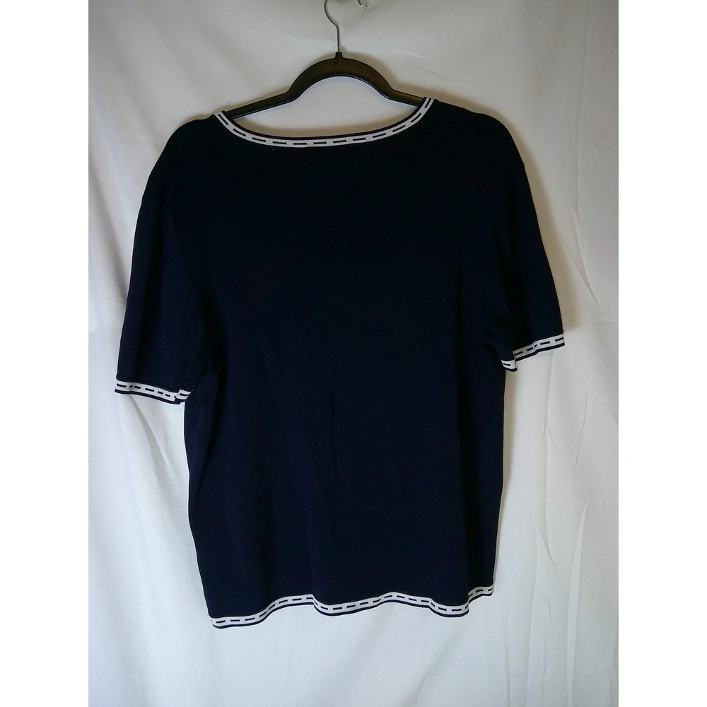 Alfred Dunner Womens Navy Blue White Contrast Trim V-Neck Knit Top Sweater Large